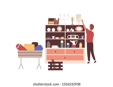 Flea market vector illustration. Ceramics sale idea. Vintage dishes seller flat character. Garage sale isolated on white background. Pottery and porcelain trade. Second hand, used stuff. Retro items.