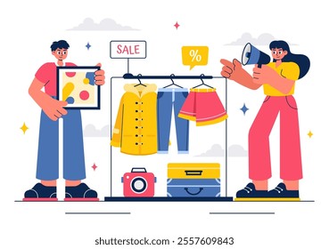 Flea Market Vector Illustration featuring a Second-Hand Shop with Shoppers, Swap Meets, Sellers, and Customers at a Weekend Market in a Business