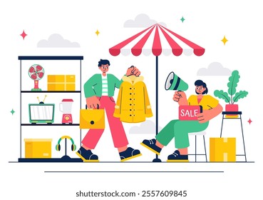 Flea Market Vector Illustration featuring a Second-Hand Shop with Shoppers, Swap Meets, Sellers, and Customers at a Weekend Market in a Business