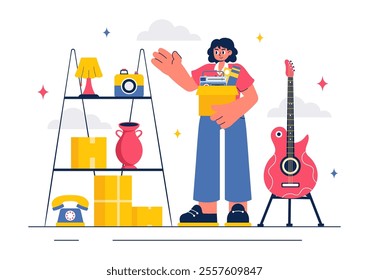 Flea Market Vector Illustration featuring a Second-Hand Shop with Shoppers, Swap Meets, Sellers, and Customers at a Weekend Market in a Business