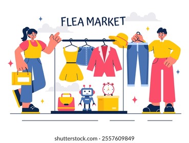 Flea Market Vector Illustration featuring a Second-Hand Shop with Shoppers, Swap Meets, Sellers, and Customers at a Weekend Market in a Business