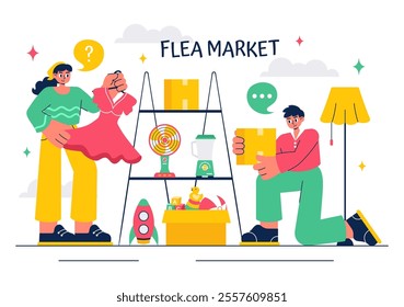 Flea Market Vector Illustration featuring a Second-Hand Shop with Shoppers, Swap Meets, Sellers, and Customers at a Weekend Market in a Business