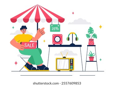 Flea Market Vector Illustration featuring a Second-Hand Shop with Shoppers, Swap Meets, Sellers, and Customers at a Weekend Market in a Business