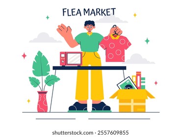 Flea Market Vector Illustration featuring a Second-Hand Shop with Shoppers, Swap Meets, Sellers, and Customers at a Weekend Market in a Business