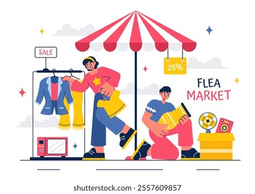 Flea Market Vector Illustration featuring a Second-Hand Shop with Shoppers, Swap Meets, Sellers, and Customers at a Weekend Market in a Business