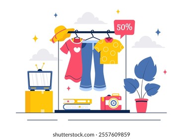 Flea Market Vector Illustration featuring a Second-Hand Shop with Shoppers, Swap Meets, Sellers, and Customers at a Weekend Market in a Business