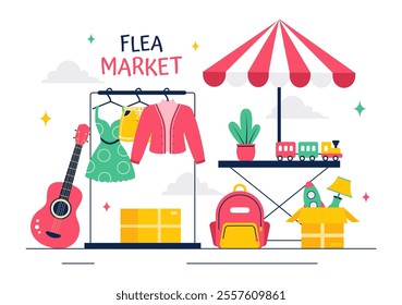 Flea Market Vector Illustration featuring a Second-Hand Shop with Shoppers, Swap Meets, Sellers, and Customers at a Weekend Market in a Business