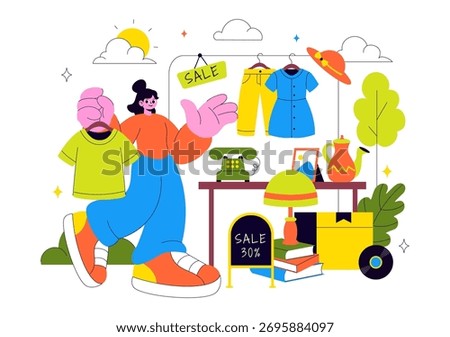 Flea Market Vector Illustration Featuring a Secondhand Shop with Shoppers, Swap Meets, Sellers, and Customers at a Weekend Market in the City