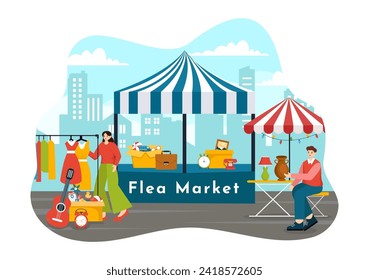 Flea Market Vector Illustration with Second Hand Shop with Shoppers, Swap Meet, Sellers and Customers at Weekend in Business Flat Background