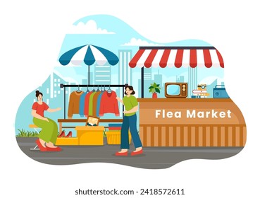 Flea Market Vector Illustration with Second Hand Shop with Shoppers, Swap Meet, Sellers and Customers at Weekend in Business Flat Background