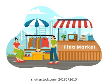 Flea Market Vector Illustration with Second Hand Shop with Shoppers, Swap Meet, Sellers and Customers at Weekend in Business Flat Background