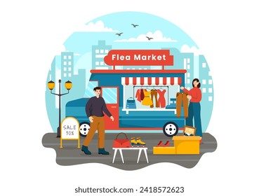 Flea Market Vector Illustration with Second Hand Shop with Shoppers, Swap Meet, Sellers and Customers at Weekend in Business Flat Background