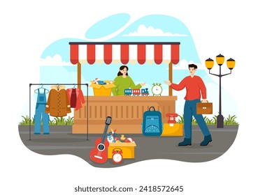 Flea Market Vector Illustration with Second Hand Shop with Shoppers, Swap Meet, Sellers and Customers at Weekend in Business Flat Background