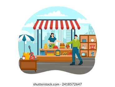 Flea Market Vector Illustration with Second Hand Shop with Shoppers, Swap Meet, Sellers and Customers at Weekend in Business Flat Background