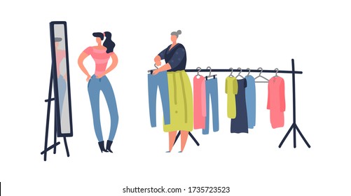 Flea market. Woman shopping stuff and second clothes at street shop, vector clothing bazaar flat marketing illustration