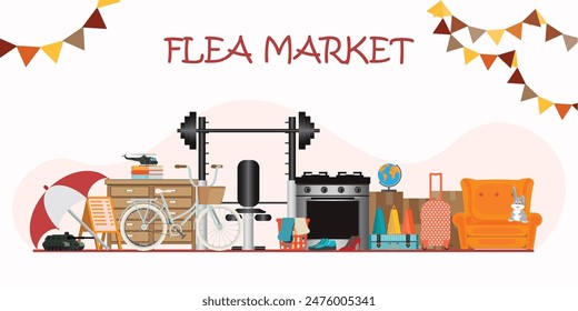 Flea market or yard sale or garage sale banner. Buying antiques, old things, furniture and books, Second Hand clothes, Antique accessory, sport items and assorted household, vector illustration.