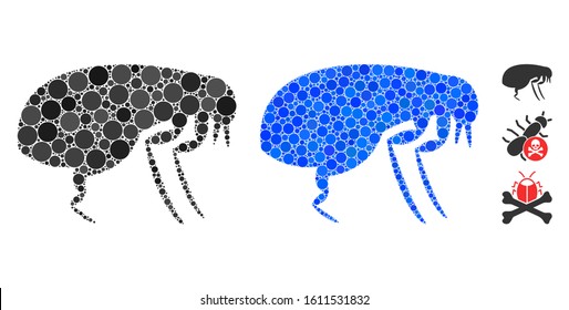 Flea mosaic of small circles in various sizes and shades, based on flea icon. Vector random circles are united into blue composition. Dotted flea icon in usual and blue versions.