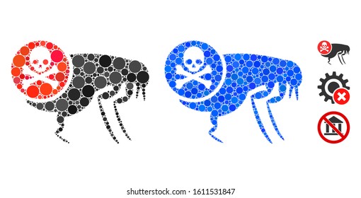 Flea pesticide mosaic of round dots in different sizes and color hues, based on flea pesticide icon. Vector random circles are composed into blue mosaic.
