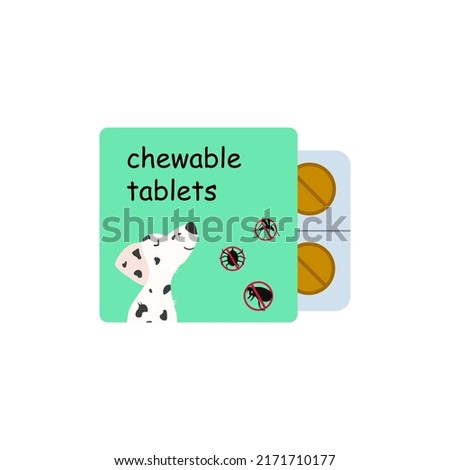 Flea pills for dogs. Flea tablets for dogs. Vector illustration of a flea and tick remedy for dogs. Treatment of animals from insects.