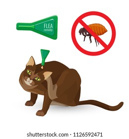 Afiche del remedio contra pulgas con título e ilustración del vector del gato