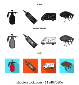 Flea, special car and equipment black, flat, monochrome icons in set collection for design. Pest Control Service vector symbol stock web illustration.