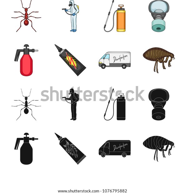 Flea, special car and equipment\
black,cartoon icons in set collection for design. Pest Control\
Service vector symbol stock web\
illustration.