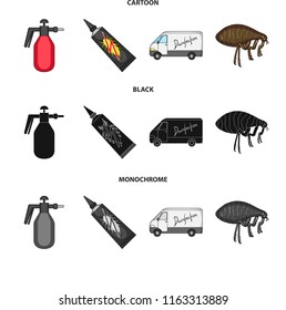 Flea, special car and equipment cartoon,black,monochrome icons in set collection for design. Pest Control Service vector symbol stock web illustration.