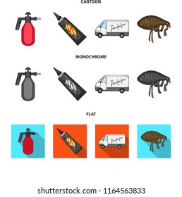 Flea, special car and equipment cartoon,flat,monochrome icons in set collection for design. Pest Control Service vector symbol stock web illustration.