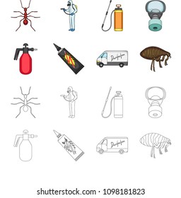 Flea, special car and equipment cartoon,outline icons in set collection for design. Pest Control Service vector symbol stock web illustration.