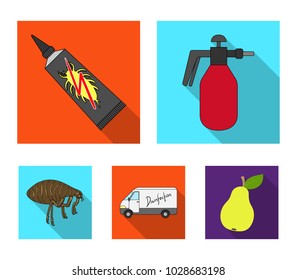 Flea, special car and equipment flat icons in set collection for design. Pest Control Service vector symbol stock web illustration.