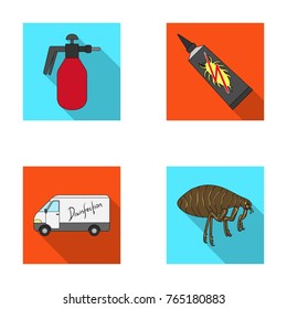 Flea, special car and equipment flat icons in set collection for design. Pest Control Service vector symbol stock web illustration.