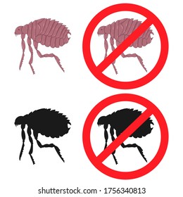 Flea vector cartoon illustration. Black silhouette and warning sign set isolated on a white background.