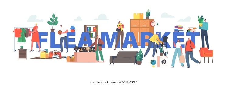 Fleamarket Concept. Characters Visiting Flea Market For Shopping Unique Antique Things. Garage Sale, Outdoor Retro Bazaar Poster, Banner Or Flyer. Cartoon People Vector Illustration