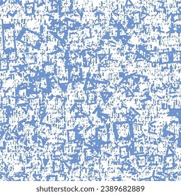 Flecks, marks, broken lines, some geometric figures, all in blue and scattered on the white surface. Modern textile design. Wallpaper pattern. Vector seamless.