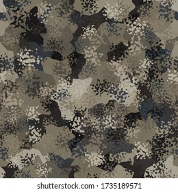 Flecktarn styled camouflage pattern background. Modern clothing style masking camo repeat print. Beige and brown colors texture. Vector illustration.