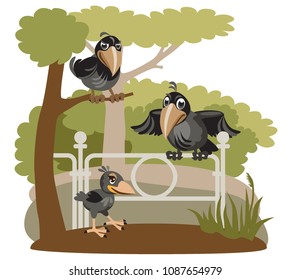 fledgling birds left the nest and sit in the park. angry parents crows looking for a chick.