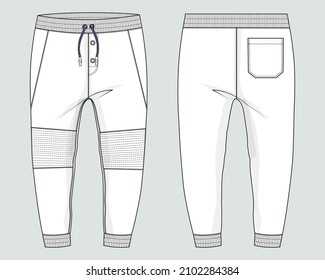Fleece cotton jersey basic Sweat pant technical fashion flat sketch template front and back views. Apparel jogger pants vector illustration mock up for kids and boys. Fashion design drawing CAD.