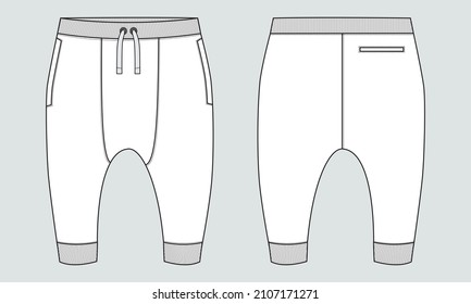 Fleece cotton jersey basic Sweat pant technical fashion flat sketch template front and back views. Apparel jogger pants vector illustration mock up for kids and boys. Fashion design drawing CAD.
