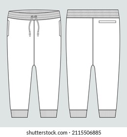 Fleece cotton jersey basic Sweat pant technical fashion flat sketch template front and back views. Apparel jogger pants vector illustration mock up for kids and boys. Fashion design drawing CAD.