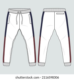 Fleece cotton jersey basic Sweat pant technical fashion flat sketch template front and back views. Apparel jogger pants vector illustration mock up for kids and boys. Fashion design drawing CAD.