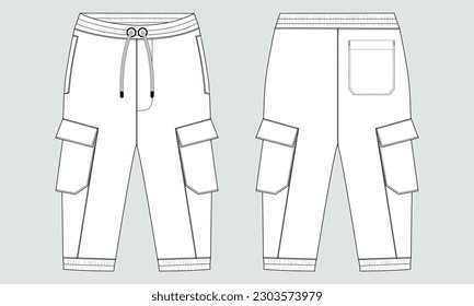 Fleece cotton jersey basic Sweat pant technical drawing fashion flat sketch template front and back views. Apparel jogger pants vector illustration mockup for kids and boys.