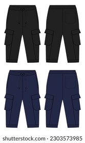 Fleece cotton jersey basic Sweat pant technical drawing fashion flat sketch template front and back views. Apparel jogger pants vector  illustration black and navy color  mockup for kids and boys.