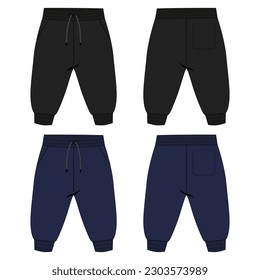 Fleece cotton jersey basic Sweat pant technical drawing fashion flat sketch template front and back views. Apparel jogger pants vector illustration black and navy color mockup for kids and boys.