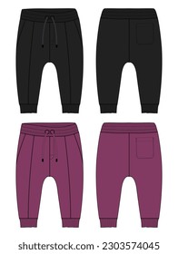 Fleece cotton jersey basic Sweat pant technical drawing fashion flat sketch template front and back views. Apparel jogger pants vector illustration black and violet color mockup for kids and boys.