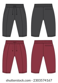 Fleece cotton jersey basic Sweat pant technical drawing fashion flat sketch template front and back views. Apparel jogger pants vector illustration grey and red color  mockup for kids and boys.