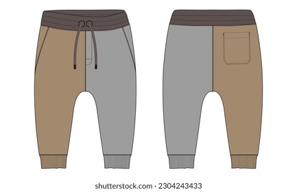 Fleece cotton jersey basic Sweat pant technical drawing fashion flat sketch template front and back views. Apparel jogger pants vector illustration mockup for kids and boys.