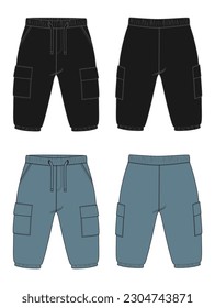 Fleece cotton jersey basic Sweat pant technical drawing fashion flat sketch template front and back views. Apparel jogger pants vector  illustration Black and Blue color  mockup for kids and boys.