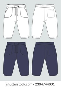 Fleece cotton jersey basic Sweat pant technical drawing fashion flat sketch template front and back views. Apparel jogger pants vector  illustration White and Navy color  mockup for kids and boys.