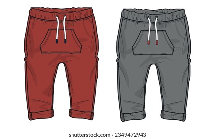 Fleece cotton jersey basic Sweat pant technical fashion flat sketch template. Apparel jogger pants vector illustration mock up for kids and boys. 