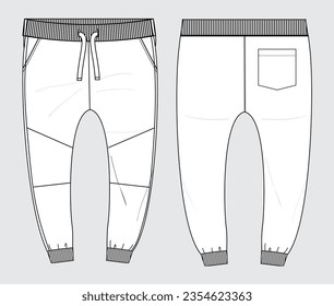 Fleece cotton jersey basic Sweat pant technical fashion flat sketch template front and back views. Apparel jogger pants vector illustration mock up for kids and boys.